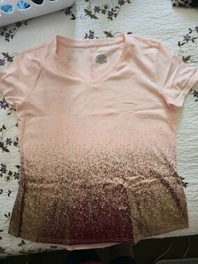 Pink V-Neck Ombre Glitter Tee